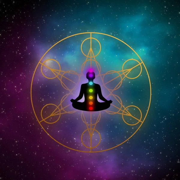 Siluet meditasyon adamı ve güzel galaksi arka planında kutsal işaret..