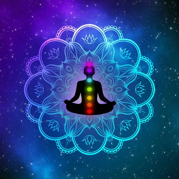 Galaksi 'deki yıldızların üzerinde yedi çakra ve eşsiz mandalayla meditasyon yapan adam..