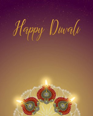 Işık festivali için beyaz mandala tasarımı üzerine Diwali lambaları.