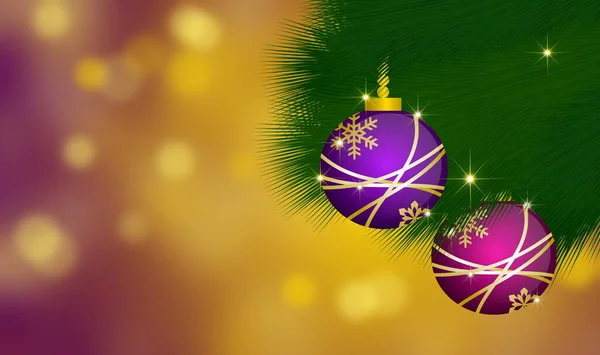 色彩艳丽的紫色和紫色装饰球挂在圣诞节松树上 有一些闪光和模糊的背景 — 图库照片