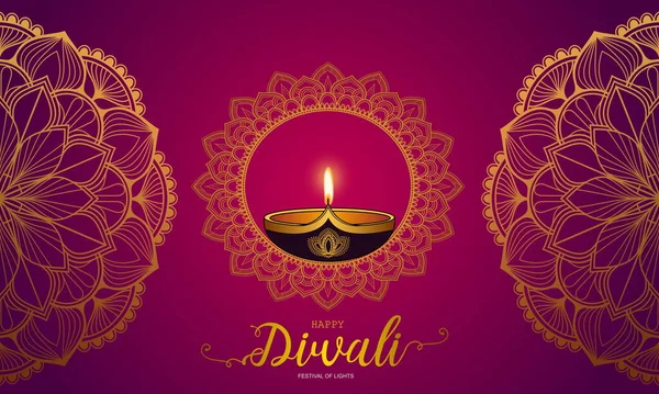 Diwali Lampa Och Guld Mandala Prydnad Violett Bakgrund — Stockfoto