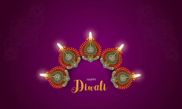Uppsättning Diwali Lampor Lila Bakgrund Med Text — Stockfoto