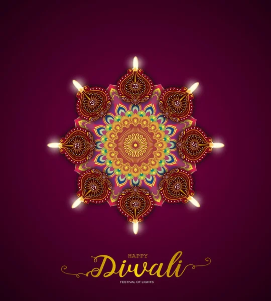 Happy Diwali Festival Lights Konceptdesign Med Åtta Lerlampor Vacker Rangoli — Stockfoto