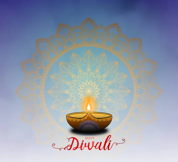 快乐的Diwali 有粘土灯的灯会 金色的曼陀罗 以及背景上的光线模糊的Bokeh — 图库照片