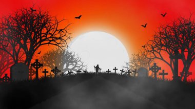 Yolun sonunda zombilerle Cadılar Bayramı teması Dolunay ve sis altında korkunç mezarlıktan geçiyor..