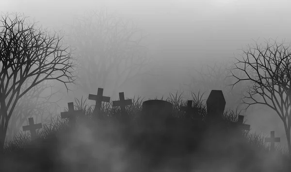 Cimitero Nella Nebbia Illustrazione Disegno Sfondo Con Croci Bara Prato — Foto Stock