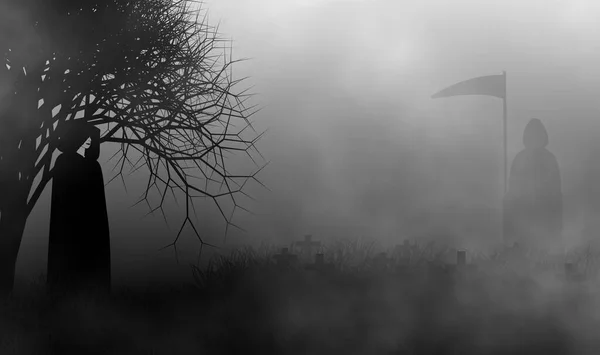 阴森森的树木 草场和薄雾之间的概念中墓地图解中的黑天使和绿收割者 — 图库照片