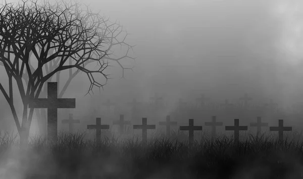 Cimitero Nella Nebbia Con Albero Raccapricciante Erba Campo Illustrazione Disegno — Foto Stock