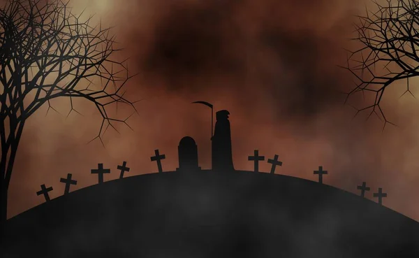 Friedhof Nebel Mit Grimm Sensenmann Illustrationshintergrund Zur Dekoration — Stockfoto