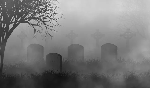 Cemetery in the fog with creepy trees and grave stone illustration halloween or horror concept design background.