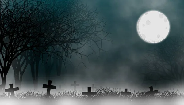 Cemetery in creepy forest at night with the moon, mist, fog, and grass field on graveyard illustration design background.
