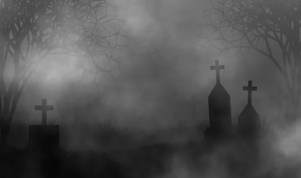 Ancien Cimetière Dans Brouillard Nocturne Effrayant Couvert Tout Cimetière Quelques — Photo