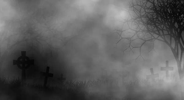 Horror Cementerio Tema Ilustración Diseño Fondo Con Niebla Lápidas Árboles —  Fotos de Stock