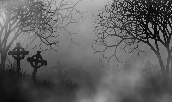 Scary cemetery in creepy forest illustration halloween concept design background with grass field, crosses, tombs, graveyard, fog, and creepy trees.