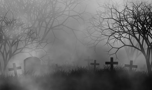 Scary cemetery in creepy forest illustration halloween concept design background with grass field, crosses, tombs, graveyard, fog, and creepy trees.