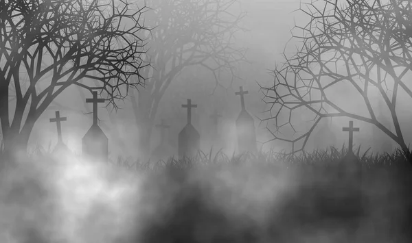 Cementerio Terror Bosque Espeluznante Cubierto Por Niebla Con Muchas Lápidas —  Fotos de Stock