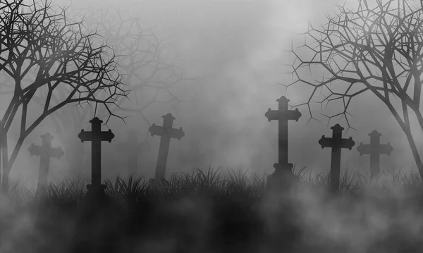 Cimitero Degli Orrori Spaventose Croci Notturne Sul Campo Erba Nebbia — Foto Stock