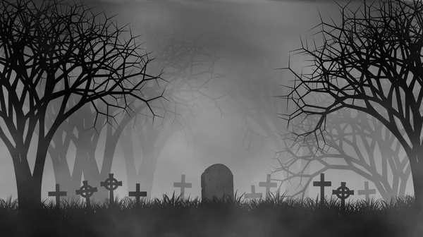 Gruseliger Friedhof Gruselwald Halloween Konzept Mit Nebel Grabstein Auf Wiese — Stockfoto
