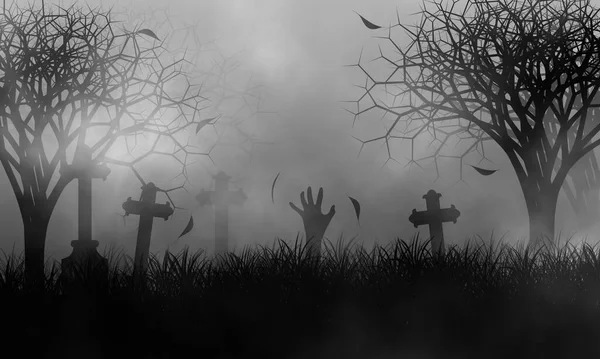 Ilustración Mano Zombi Reventada Del Suelo Entre Cementerio Embrujado Bosque —  Fotos de Stock