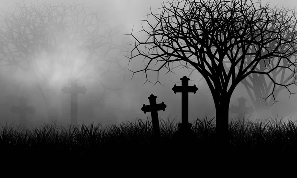 Horror Cemetery Scary Night Crosses Grass Field Fog Creepy Forest — Stock Photo, Image