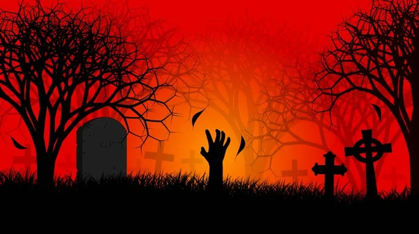 Poppad Zombie Hand Vid Skymningen Över Skrämmande Kyrkogård Läskig Skog — Stockfoto