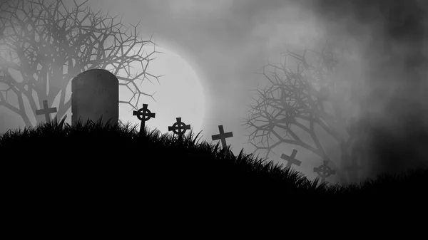Gruseliger Und Gespenstischer Friedhof Auf Einem Hügel Vollmondnacht — Stockfoto