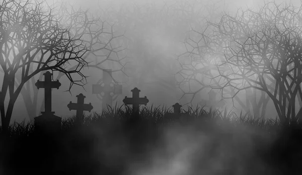 Ilustración Antiguo Cementerio Espeluznante Bosque Cubierto Niebla Diseño Gráfico Colores —  Fotos de Stock