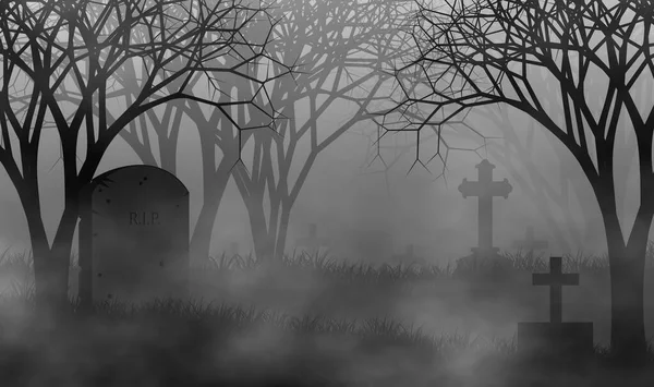 Antiguo Cementerio Espeluznante Bosque Cubierto Niebla Ilustración Halloween Horror —  Fotos de Stock