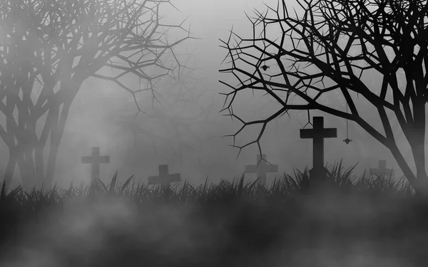 Antiguo Cementerio Cubierto Niebla Entre Espeluznante Bosque Por Noche Con —  Fotos de Stock