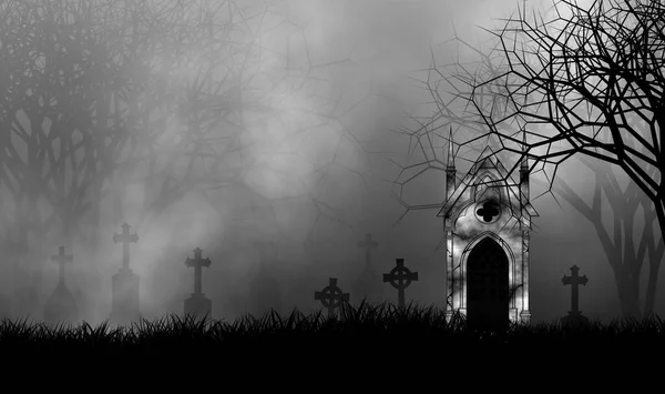 Mausoleo Abandonado Aterrador Cementerio Terror Espeluznante Bosque Cubierto Niebla Por —  Fotos de Stock