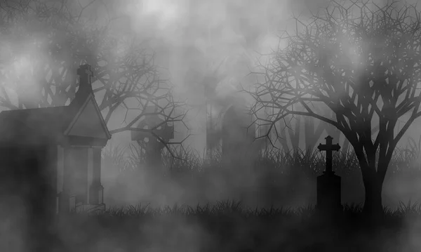 Старе Кладовище Тумані Вінтажними Мавзолеями Високими Хрестами Моторошними Моторошними Деревами — стокове фото