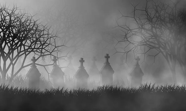 Misterioso Cimitero Spaventoso Nella Notte Dell Orrore Con Nebbia Sul — Foto Stock