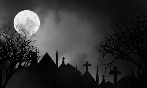 Spooky Night Moon Shining Scary Mausoleums Some Death Trees Side — Stock Photo, Image