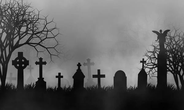 Ancien Cimetière Avec Nombreuses Pierres Tombales Sur Cimetière Brouillard Couvert — Photo