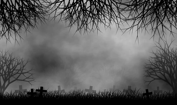 霧の日のイラストデザインの背景に不気味な木の森の中のホラー墓地 — ストック写真
