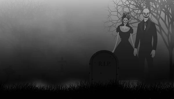 День Смерти Пара Посещает Могилу Таинственную Ночь Над Кладбищем Туманом — стоковое фото