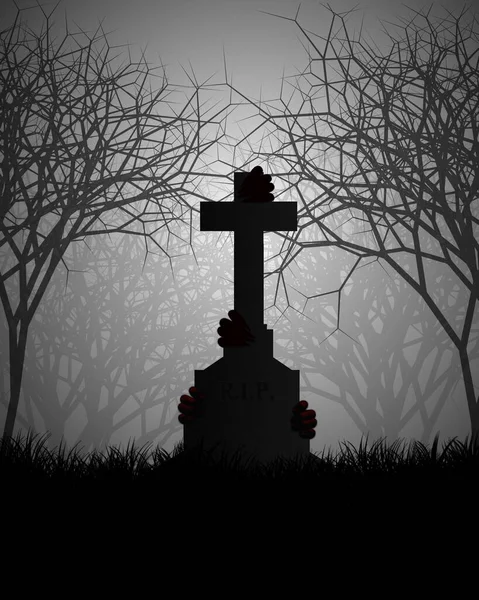 Halloween Konzept Mit Teufelshänden Auf Grabstein Über Friedhof Gruselwald Horrornacht — Stockfoto