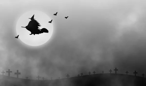 女巫带着两只蝙蝠在黄昏的薄雾中飞过墓地的小山 在满月插图设计的背景下进行装饰 — 图库照片