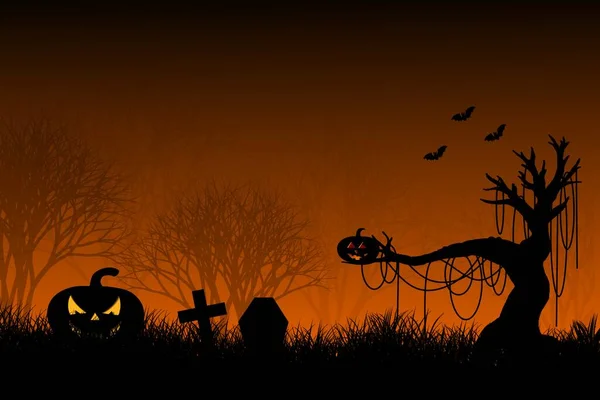 暗いイラストデザインのハロウィーンの森のテーマは カボチャ 不気味な木 草原の墓地を持つ背景 — ストック写真