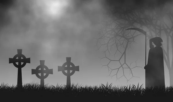 Grimm Mietitore Cimitero Nella Nebbia Giorno Illustrazione Disegno Sfondo — Foto Stock