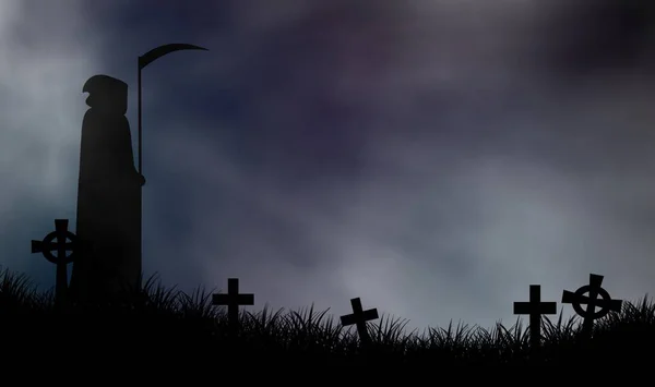 Grimm Reaper Álló Temetőben Ijesztő Éjszakai Illusztráció Halloween Koncepció Tervezés — Stock Fotó