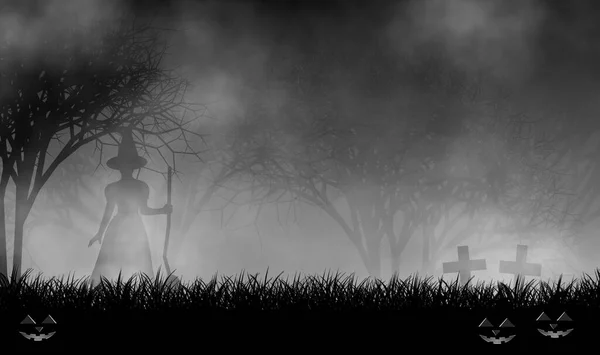 Scary Witch Standing Graveyard Creepy Forest Evil Pumpkins Crosses Fog — Stock Photo, Image