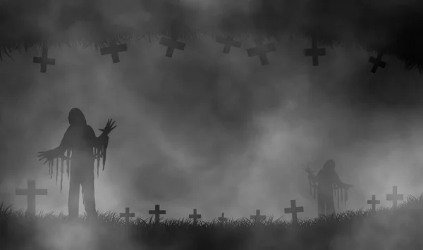 以僵尸为主题的恐怖主题与被雾气和地面雾气包围的荒原之间的恐怖画面设计背景 — 图库照片