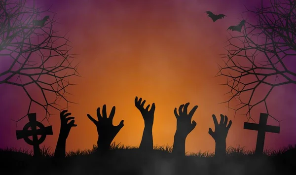Zombies Manos Cementerio Noche Horror Con Murciélagos Voladores Árboles Espeluznantes —  Fotos de Stock