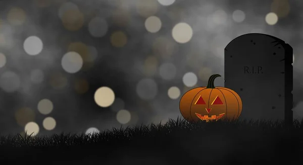 Halloween Motyw Złem Dynia Latarnia Cmentarzu Przed Nagrobkiem Polu Trawy — Zdjęcie stockowe