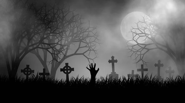 Halloween Theme Concept Zombie Hand Graveyard Scary Cemetery Coverd Fog — Stock Photo, Image