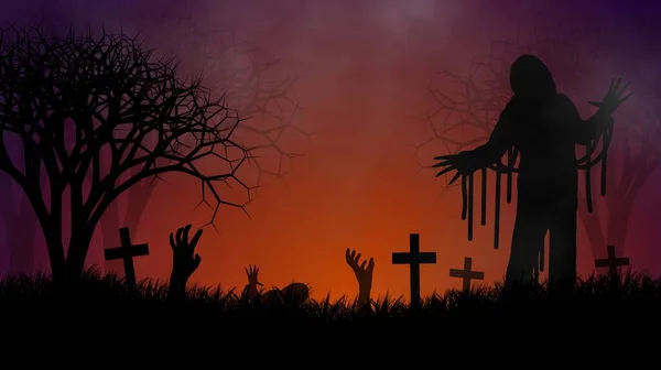 Halloween Tema Med Grupp Zombies Skrämmande Kyrkogård Vid Skräck Skymning — Stockfoto