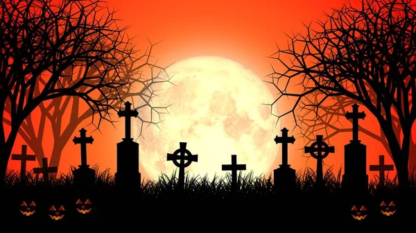 Halloween theme concept with tomstones and evil pumpkins on graveyard in creepy forest and full moon.