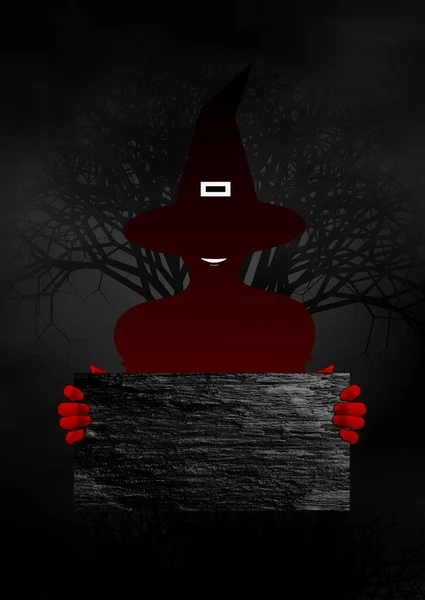 万圣节的概念设计中 红巫婆手里拿着一个木制的盘子 在黑暗中长着令人毛骨悚然的树木和雾气 图解设计的背景 — 图库照片