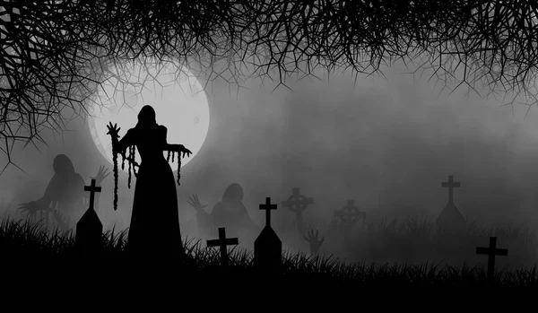 Gang Zombies Walking Graveyard Hill Full Moon Night Horror Creepy — Stock Photo, Image